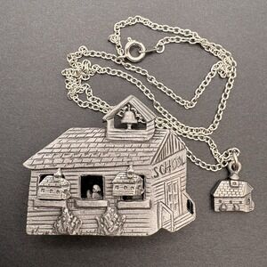 Vintage Torino Pewter Trinket Box Set School Teacher Earrings Brooch Necklace